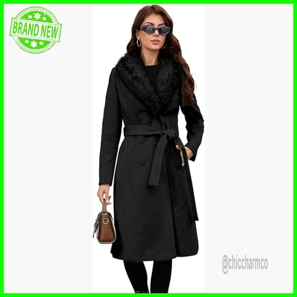 Long Wool Trench Coat with Detachable Faux Fur Collar Belted Waist